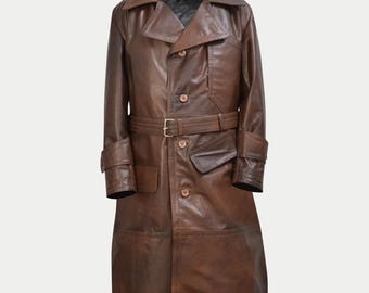 Genuine CowSkin Full Length Trench Leather Coat Handmade Long Overcoat Vintage Brown Real Leather Jacket Men's Winter Wear Christmas Gift