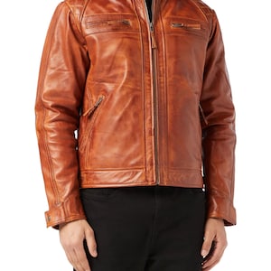 Men&#39;s Handmade Motorcycle Biker Style Cafe Racer Distressed Brown Real Leather Jacket | Men Customize Brown Biker Winter Leather Jacket