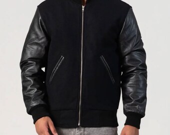 Men's Varsity Jackets Genuine Leather Sleeve And Wool Body Black Light Purple