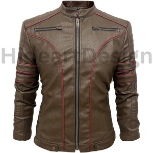 Men&#39;s Genuine Leather Biker Jacket - Brown Motorcycle Coat with Zippers -Men&#39;s Leather Jacket - Leather Jacket - Bomber Leather Jacket