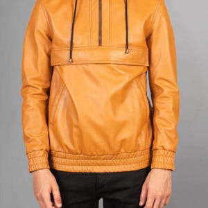 Veste à capuche en cuir pour homme faite à la main - Sweat à capuche motard en cuir marron noir pour homme - Veste d'hiver en cuir souple - Veste vintage - Cadeau pour lui