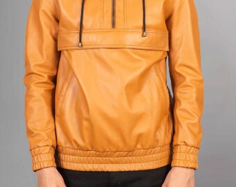 Handmade Men Leather Hooded Jacket-Brown Black Leather Men Biker Hoodie-Soft Leather Winter Jacket-Vintage Jacket-Gift For Him