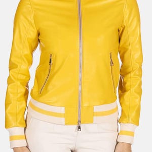 Women&#39;s Yellow Slim Fit Motorcycle Biker Leather Jacket, Women&#39;s Winter Biker Jacket, Ladies Yellow Leather Jacket, Bomber Jacket for Women