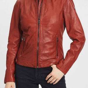 Women&#39;s Red Biker Leather Jacket-Women Soft Stylish Motorcycle Leather Jacket-Women Handmade Christmas Leather Jacket- Mothers day Gift