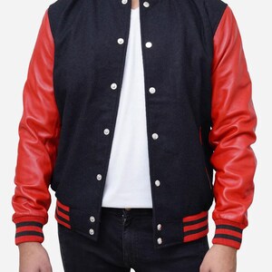 Black Body Leather Varsity Baseball Letterman College Bomber Jacket Real Leather Red Sleeves XS-4XL Leather Jacket Oversized Varsity Jacket