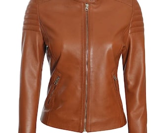 Chaqueta de cuero marrón de piel de cordero genuina para mujer - Chaqueta de cuero de motociclista marrón de corte entallado - Regalo para ella - Chaqueta elegante hecha a mano para mujer