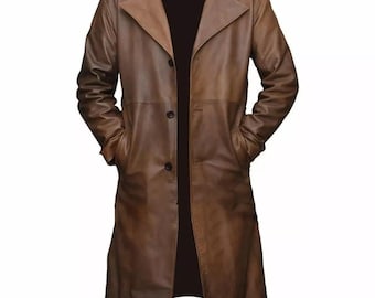 Men's Brown Leather Trench Coat Long Stylish Genuine Lambskin Classic Overcoat, Handmade Leather Winter Long Coat, Leather Trench Coat
