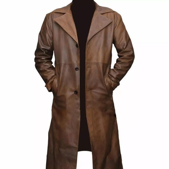 Men's Brown Leather Trench Coat Long Stylish Genuine Lambskin