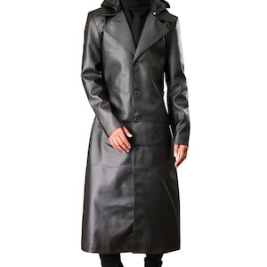 男性用ブラックロングフード付きコート | レザーロングコート | ブラックトレンチ、男性へのハンドメイドフルレングスギフト、ハンドメイドギフト、バレンタインデーギフト