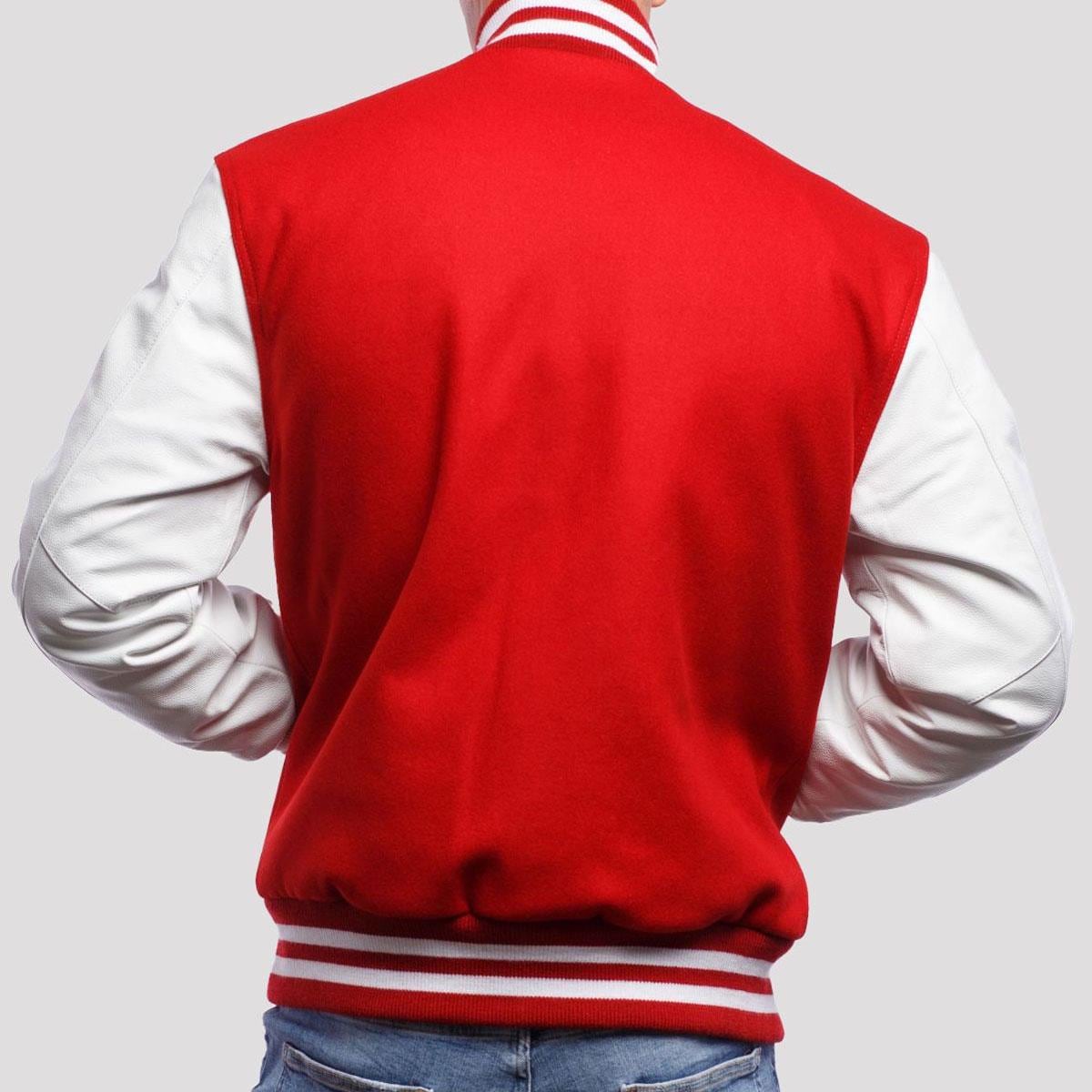 Red Wool & White Genuine Leather Varsity Jacket, Custom Red Wool & White Genuine Leather Varsity Jacket, Custom