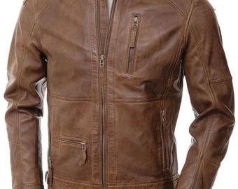 Original Slim fit Motorcycle Biker Brown Mens Real Leather Jacket, Genuine Lamb Leather Biker Jacket for Men, Best Leather Winter Jacket Men