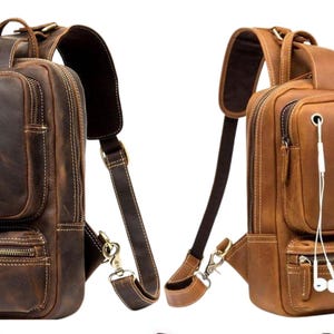 Bolso bandolera táctico marrón de cuero para el pecho / Bolso bandolera de cuero para hombre y mujer / Bolso bandolera de cuero / Regalo para él