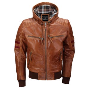 Brown Hooded Leather Jacket Leather Jacket With Hood Hooded Leather Coat Leather Hoodie Sheepskin biker jacket Hood Motorcycle Jacket