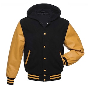 YELLOW BLACK Premium Customizable Varsity Hoodie Jacket With Genuine Leather Sleeves Wool Body Etsy UK