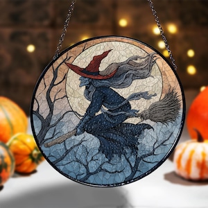 Gothic Witch Riding Broom Stained Glass, Spooky Halloween Suncatcher, Dark Witch with Red Hat and Moon, Witchy Fall Hanging Decor
