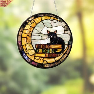 Schwarze Katze auf Buch Acryl 2D Flache Fensterbehang, Lesekatze Ornament, Bibliothekar Dekor, Tierliebhaber Geschenk, Bücherwurm Katzendekoration