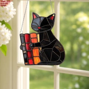 Schwarze Katze Buch Acryl 2D Fensterbehang, Benutzerdefinierte Lesekatzenverzierung, Buch-Liebhaber-Geschenk, Bibliothekar-Haustier-Dekor, Bücherwurm-Katzenliebhaber-Geschenk