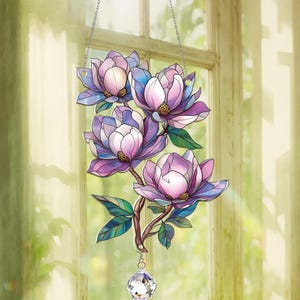Purple Magnolia Acrylic Crystal Window Hanging, Spring 2D Flat Charm Ornament, Faux Stained Glass Floral Decor, Botanical Art, Mothers Day