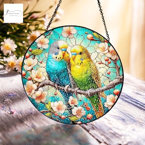 Budgie Birds Stained Glass Suncatcher , Colorful Parakeets Art, Vibrant Home & Office Decor, Perfect Gift for Bird Lovers