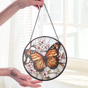 Butterfly Stained Glass Suncatcher - Monarch Window Hanging, Floral Garden Decor, Gift for Her, Mother&#39;s Day Gift, Memorial Keepsake
