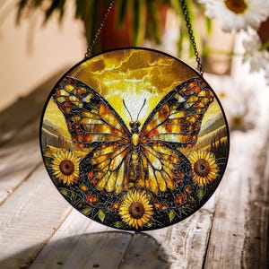 Butterfly Stained Glass Window Hanging With Sunflowers, Monarch Sun Catcher Hanging, Vibrant Glass Art Gift For Mom, Nature Glass Decor