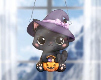 Black Cat Acrylic Window Hanging - Halloween Decor With Witch Hat