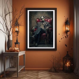 Frankenstein zit muurkunstposter, vintage horrormonster decor voor Spooky Home of Mad Scientist cadeau, gotische Halloween portret print