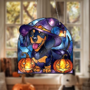 Dachshund Witch Halloween Window Hanging, Cute Dog Acrylic Suncatcher, Fall Pumpkin Dog Decor, Wiener Dog Gift Hanging