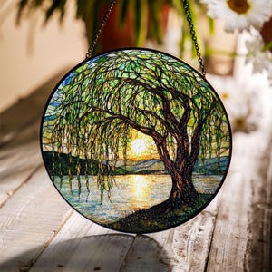 Weeping Willow Stained Glass Window Hanging with Lake Sunset, Tranquil Nature Scene, Handmade Glass Tree Decor, Gift for Nature Lover