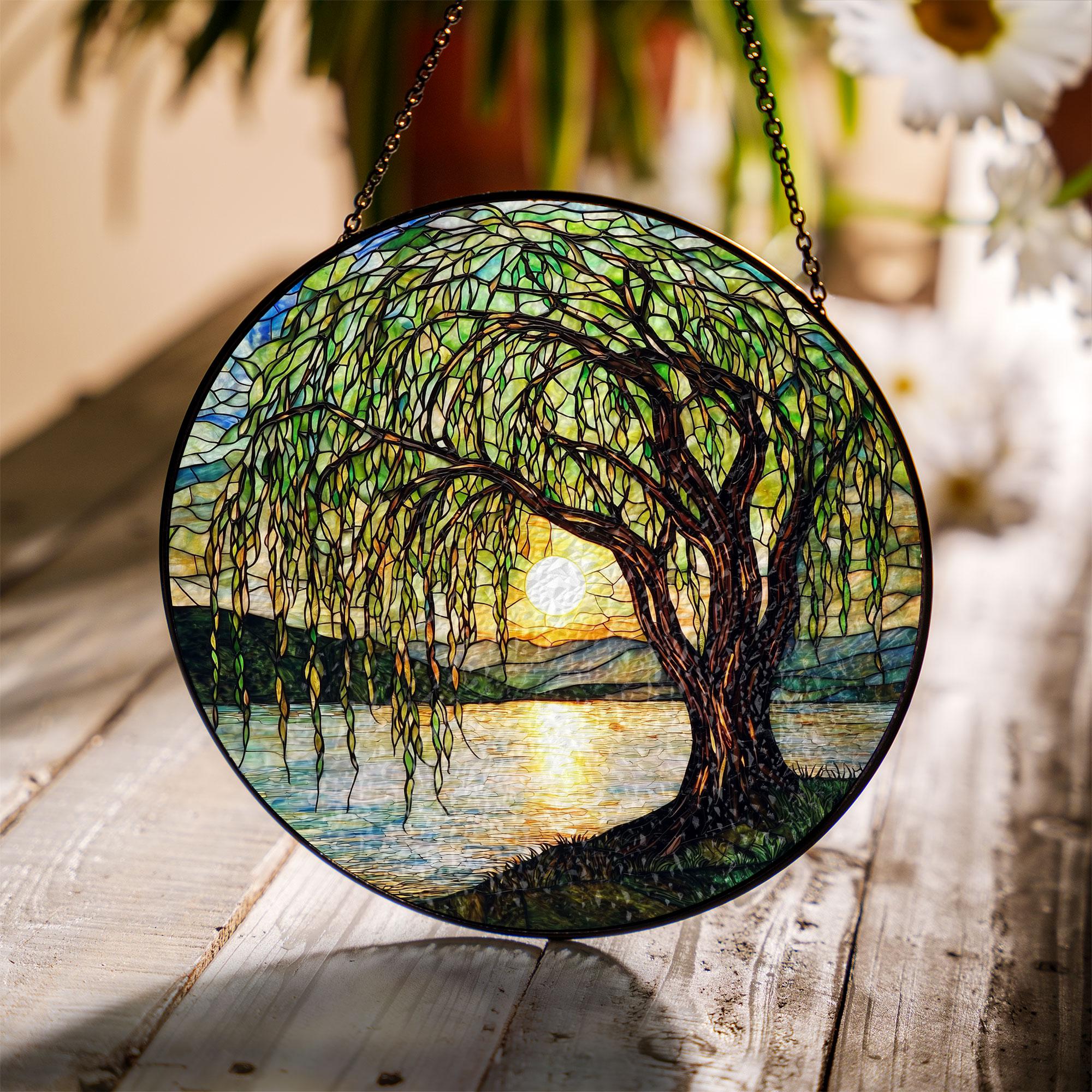 Weeping Willow Stained Glass Window Hanging With Lake Sunset