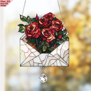 Adorno acrílico con rosas rojas en sobre, diseño floral 2D plano para ventana, carta de amor, decoración romántica, atrapasol de cristal para ella.
