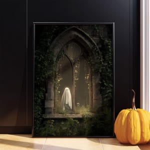 Ghost in Gothic Window Poster, Haunted Castle Wall Art Print, Moody Halloween Decor, Spooky Cute Fall Home, Halloween Ghost Poster Print