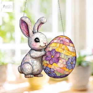 Easter Bunny with Egg Acrylic Window Hanging, Floral Design, Perfect Spring and Easter Decor, Cute Gift for Animal Lovers