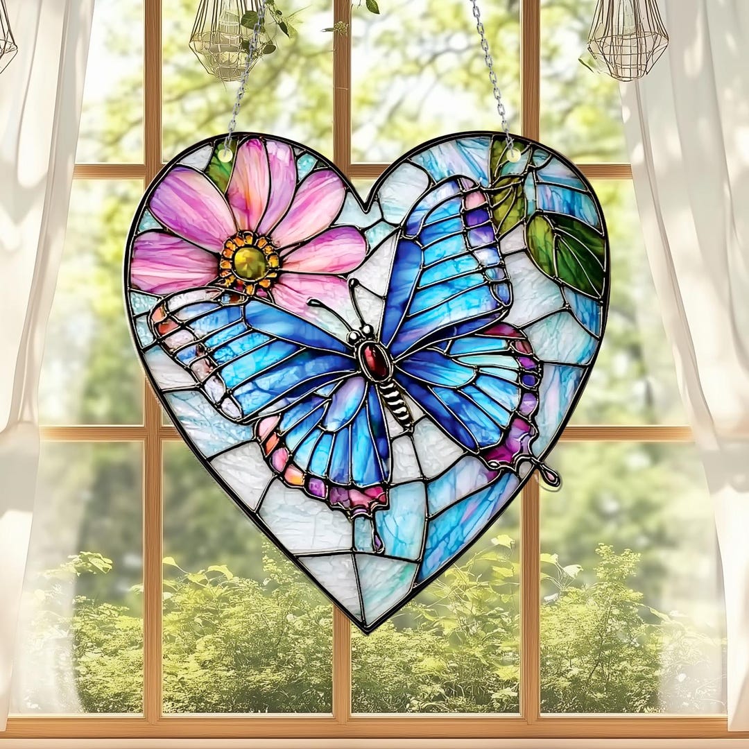 Heart Butterfly Acrylic Window Hanging, Floral Window Decor for Her ...