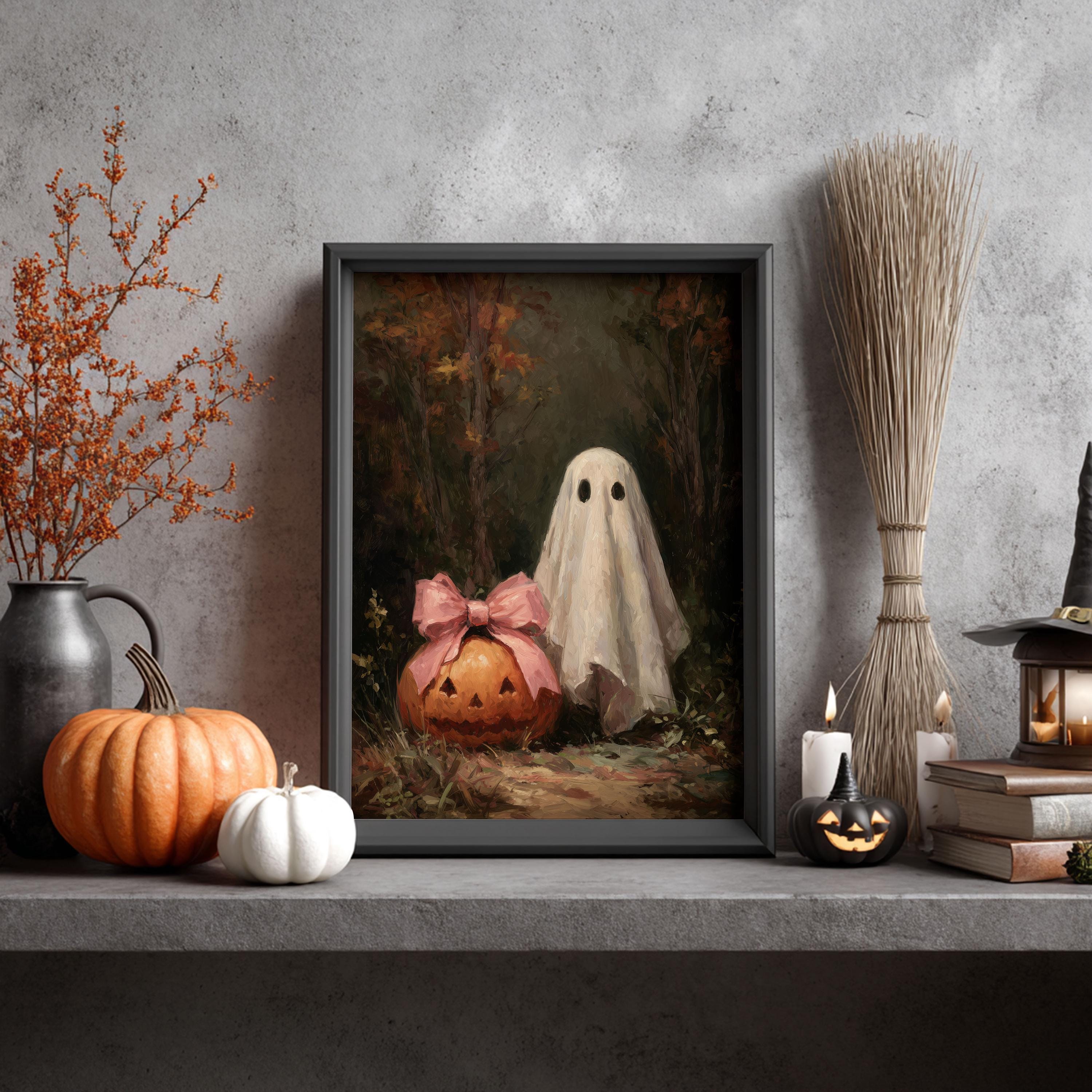 Ghost & Pumpkin Halloween Wall Art – Vintage Spooky Forest Painting Print (8x10 Inch, Unframed)