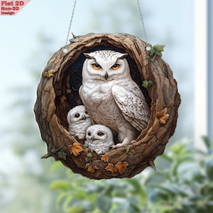 Snowy Owl Nest Acrylic Flat Ornament, 2D Owl Family Window Hanging, Woodland Animal Decor, Mother Bird Gift, Nature Lover Art, Birthday Gift