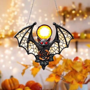 Gothic Bat Acrylic Window Hanging, Halloween Decor with Rose and Sun Halo, Creepy Cute Bat Wall Art, Spooky Bat Fall Hanging Gift