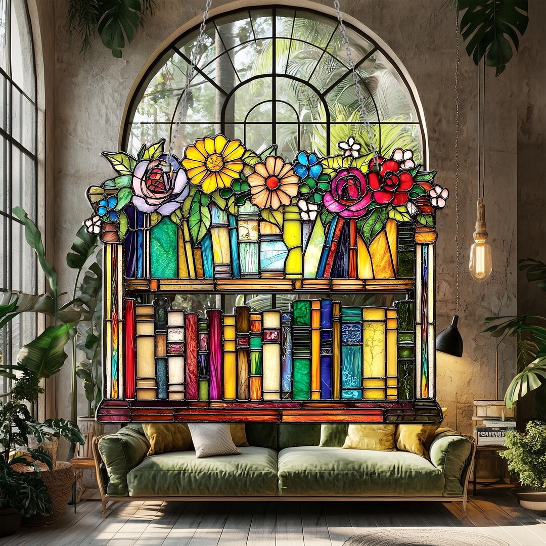 Bookshelf Acrylic Window Hanging, 2D Flat Floral Book Lover Decor ...