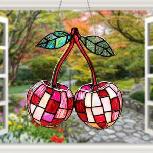 Suspension de fenêtre en acrylique cerise double, joli attrape-soleil aux fruits rouges pour la cuisine, décoration de fenêtre d&#39;été, cadeau cerise pour les amateurs de cerises