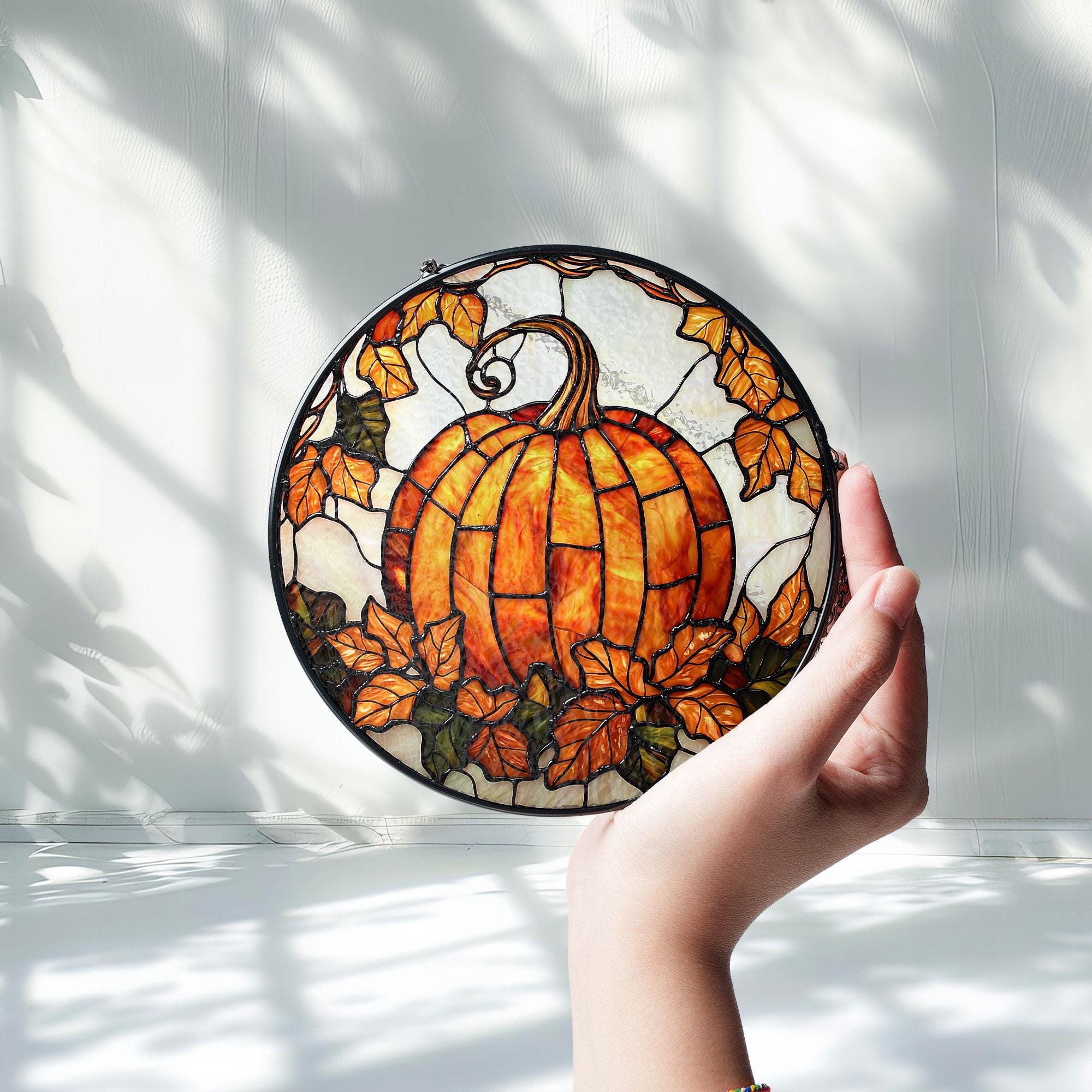Pumpkin Stained Glass Window Hanging - 7.9" Round Fall Decor, Maple Leaf Sun Catcher