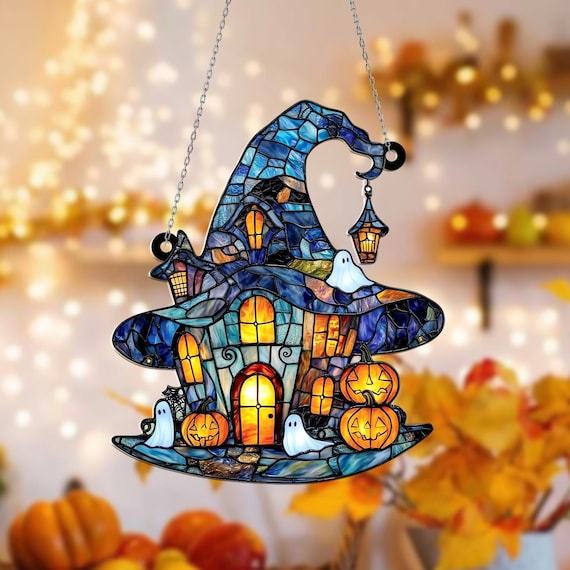 ステンドグラス　ハロウィンモチーフのモビール(魔女、おばけ、カボチャ) ステンドグラス ハロウィンモチーフのモビール(魔女、おばけ