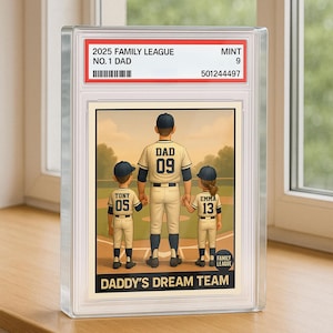 Blocco acrilico personalizzato in stile carta da collezione "No. 1 papà, nonno, uomo e bambini" con scritta "Ballboard Dad and Children", regalo per la festa del papà per papà del baseball, decorazione per targa di famiglia.