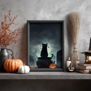 Black Cat in Cauldron Halloween Poster, Spooky Witch Decor Wall Art, Full Moon Pumpkin, Gothic Cat Print, Creepy Gift for Halloween Lovers