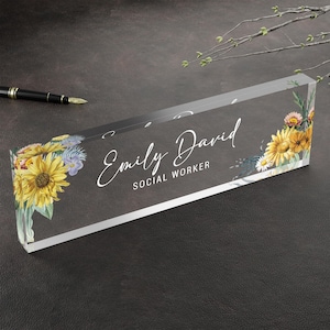 Personalized Acrylic Floral Desk Name Plate, Acrylic Name Plate for Desk, Custom Office Sign, Social Worker Gift, Professional Desk Decor