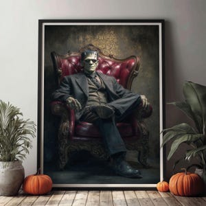 Frankenstein zit muurkunstposter, gotische Halloween portret print, vintage horror monster decor voor spookachtig huis of gekke wetenschapper cadeau