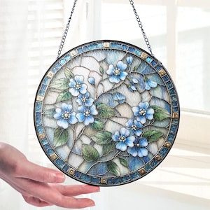 Blue Blossom Stained Glass Suncatcher, Floral Window Hanging, Elegant Flower Art, Nature-Inspired Decor, Forget Me Not Ornament, Mothers Day