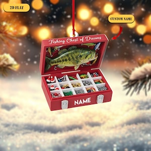 Boîte à articles de pêche personnalisée, ornement plat 2D en acrylique, Coffre de leurre de bar avec nom personnalisé, Cadeau de Noël de pêcheur, Décorations de pêche