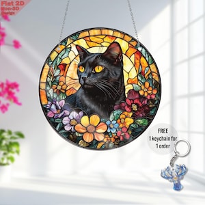 Gato preto plano 2D acrílico para pendurar na janela, pingente de carro de flores, decoração de jardim floral, ornamento para amantes de gatos, arte colorida para pendurar, chaveiro grátis