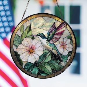 Hummingbird and White Flowers Stained Glass Window Hanging, Handmade Suncatcher Bird Art, Floral Nature Decor Gift for Bird Lovers