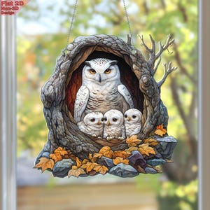 Snowy Owl Family Acrylic Flat Ornament, 2D Winter Bird Window Hanging, Woodland Nest Decor, Animal Mom Gift, Nature Lover Wall Art